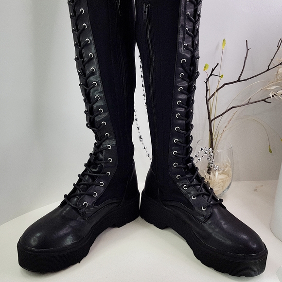 🔥Over Knee Lace-Up Zipped Black Platform Stretchy Socks Boots - Picture 6 of 10